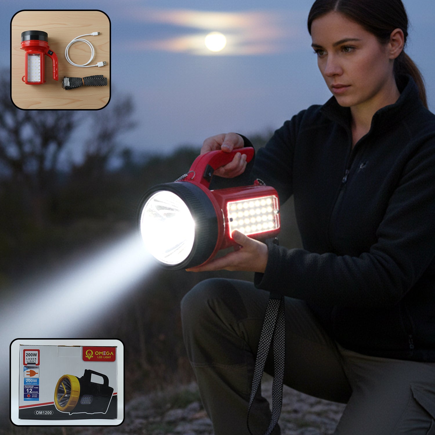 Side Fire Led Components OMEGA 200W High Power LED Laser Torch Light with Side Emergency Light ...