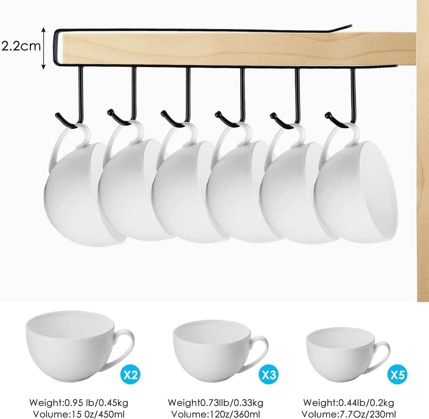 Under-Shelf 6-Hook Mug & Cup Holder Rack (pack of 2)â€?Space-Saving Kitchen Cabinet Organizer,f