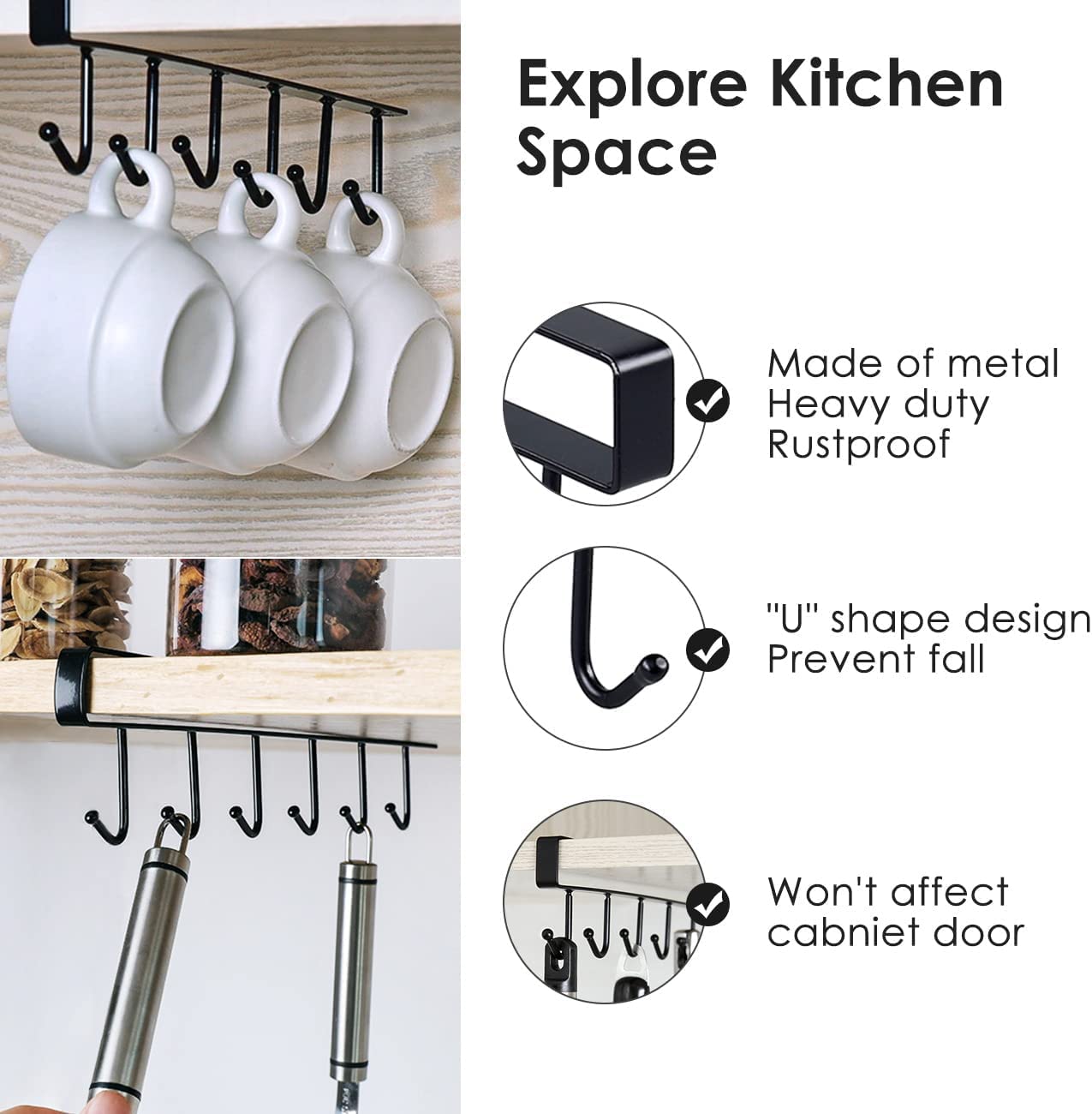 Under-Shelf 6-Hook Mug & Cup Holder Rack (pack of 2)â€?Space-Saving Kitchen Cabinet Organizer,f