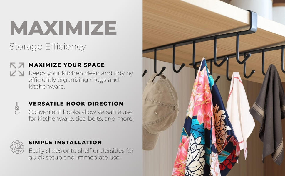 Under-Shelf 6-Hook Mug & Cup Holder Rack (pack of 2)â€?Space-Saving Kitchen Cabinet Organizer,f