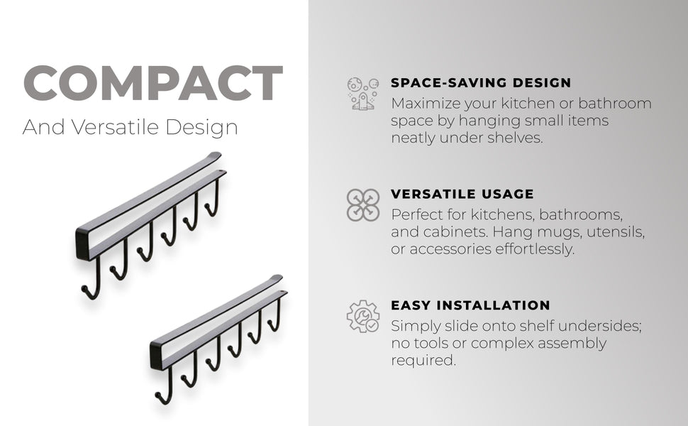 Under-Shelf 6-Hook Mug & Cup Holder Rack (pack of 2)â€?Space-Saving Kitchen Cabinet Organizer,f